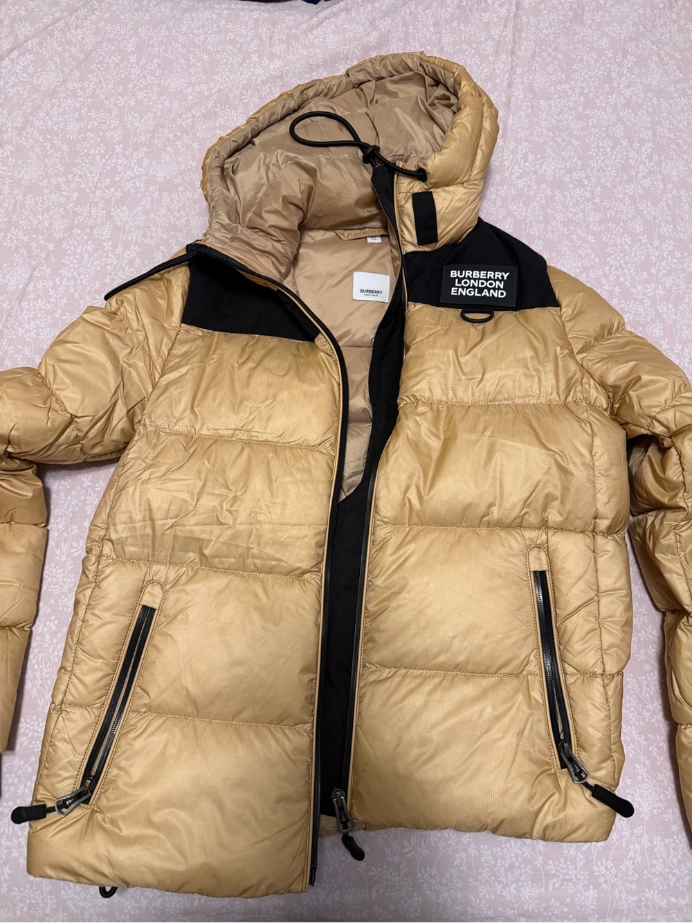 Burberry Gold and Black Hooded Puffer Jacket